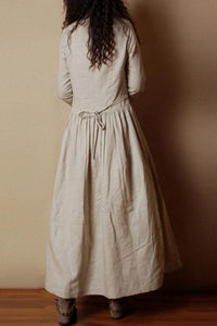 Vintage pleated waist long sleeve linen mid-length dress 190243