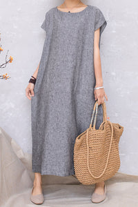 Women Grey Casual Linen Loose Long Dress C2812#CK2201356