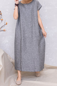 Women Grey Casual Linen Loose Long Dress C2812#CK2201356