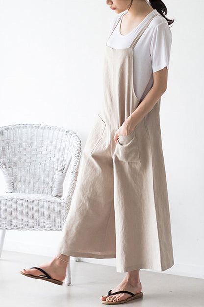 Casual Beige Linen Jumpsuits C2386