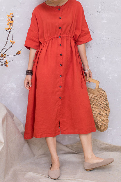 Women Linen Half Sleeve Loose Elastic Waist Dress C2813 #CK2201407