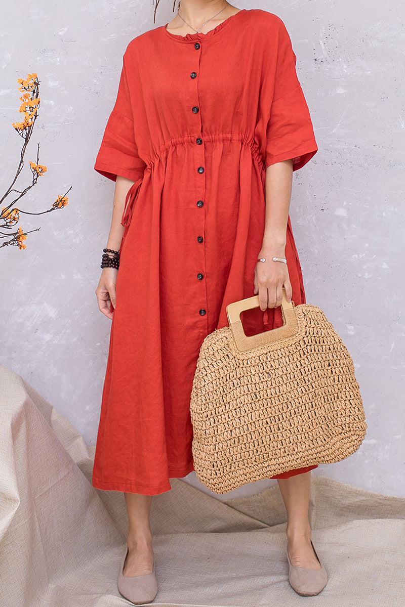 Women Linen Half Sleeve Loose Elastic Waist Dress C2813 #CK2201407