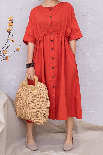 Women Linen Half Sleeve Loose Elastic Waist Dress C2813 #CK2201407