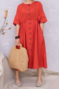 Women Linen Half Sleeve Loose Elastic Waist Dress C2813#CK2201407