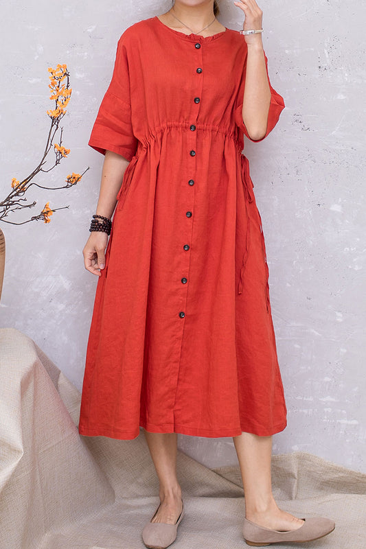 Women Linen Half Sleeve Loose Elastic Waist Dress C2813 #CK2201407