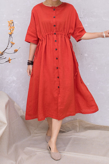 Women Linen Half Sleeve Loose Elastic Waist Dress C2813 #CK2201407