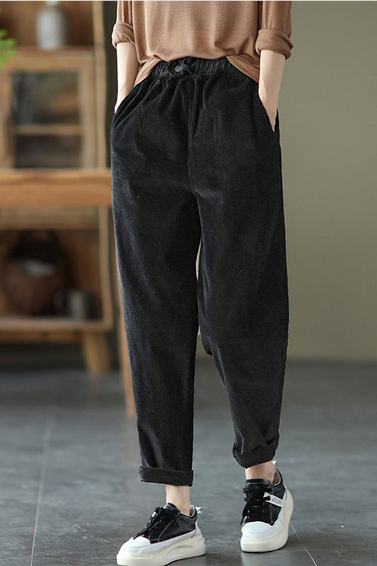 Black Elastic Waist Corduroy Pants C2440