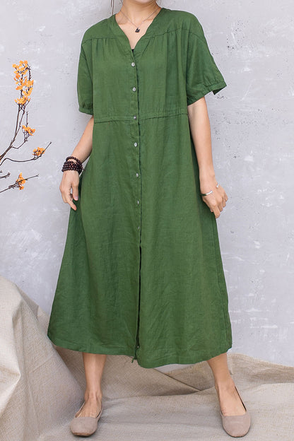 Green Linen Short Sleeve Loose Dress C2814 #CK2201413