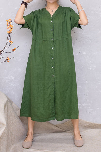 Green Linen Short Sleeve Loose Dress C2814 #CK2201413