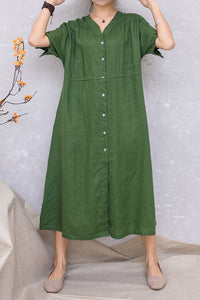 Summer Women Green Linen Short Sleeve Loose Dress C2814#CK2201413