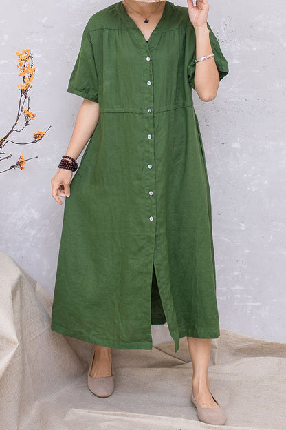 Green Linen Short Sleeve Loose Dress C2814 #CK2201413