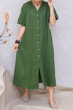 Load image into Gallery viewer, Summer Women Green Linen Short Sleeve Loose Dress C2814#CK2201413
