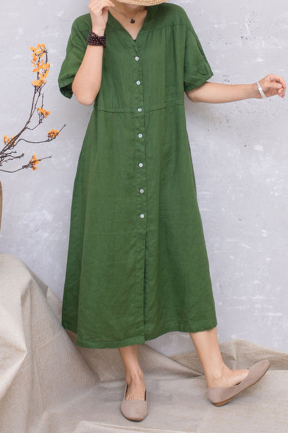 Green Linen Short Sleeve Loose Dress C2814 #CK2201413