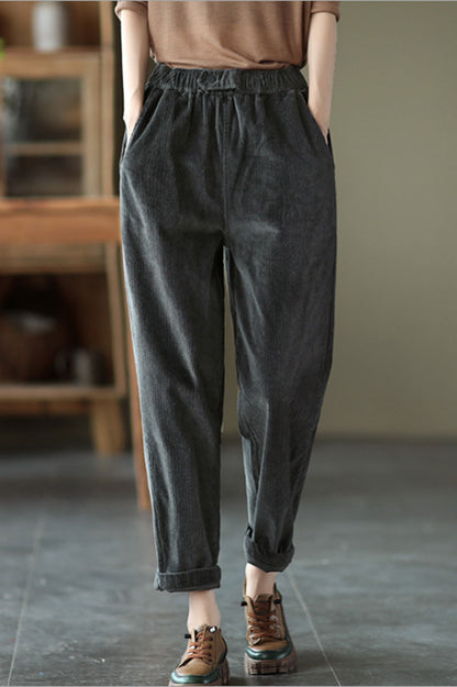 Grey Elastic Waist Corduroy Pants C2440