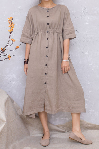 Linen Khaki Summer Casual Elastic Waist Dress C2816 #CK2201416
