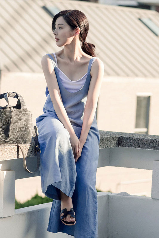 Casual Light Blue Linen Jumpsuits C2384