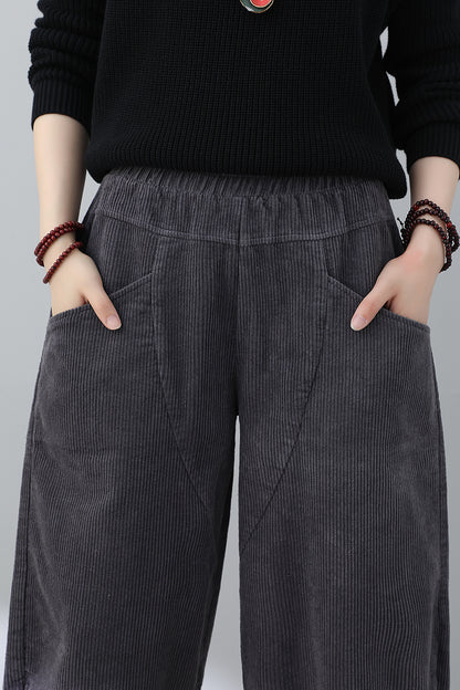 Women Casual Gray Corduroy Pants C3016