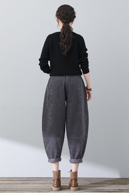 Women Casual Gray Corduroy Pants C3016