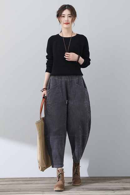 Women Casual Gray Corduroy Pants C3016