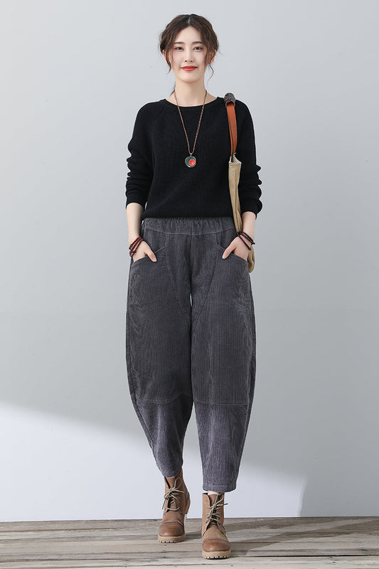 Women Gray Casual Corduroy Pants C3016