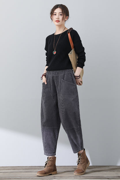 Women Casual Gray Corduroy Pants C3016