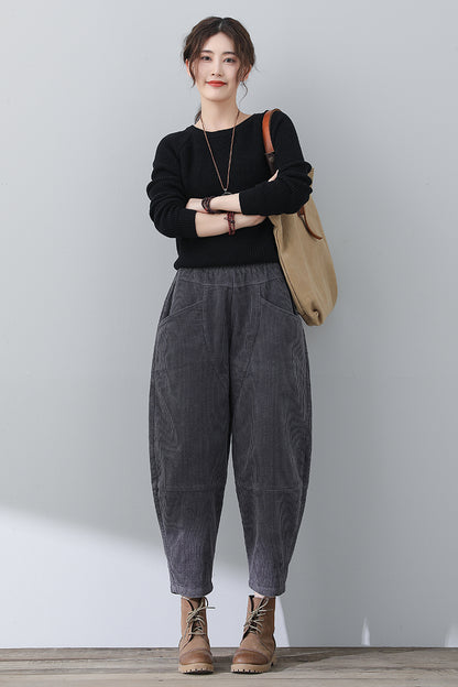 Women Casual Gray Corduroy Pants C3016