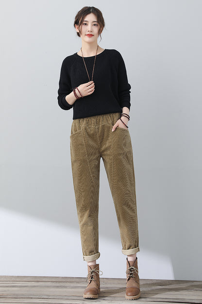 Women Casual Khaki Corduroy Pants C3023