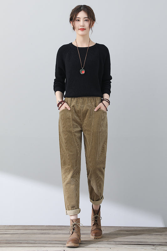 Women Casual Khaki Corduroy Pants C3023