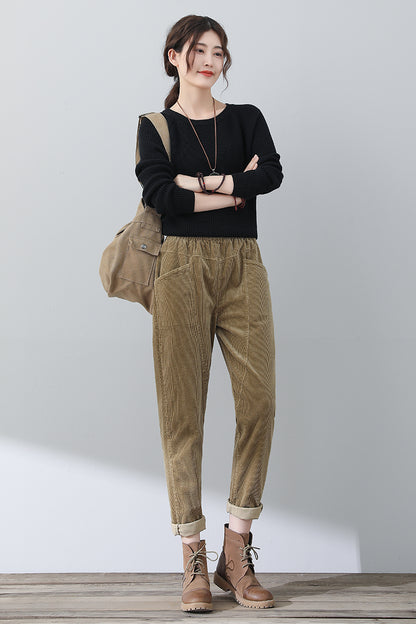 Women Casual Khaki Corduroy Pants C3023
