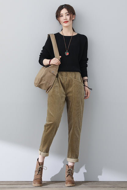 Women Casual Khaki Corduroy Pants C3023