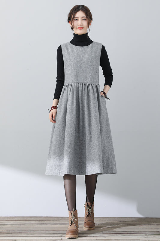 Women Gray Sleeveless Wool Dress C3025