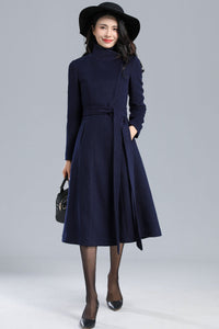 Long Navy Blue Wool Coat C2460#