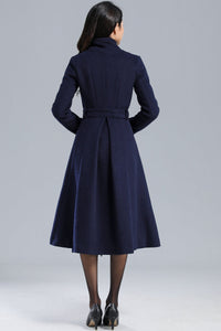 Long Navy Blue Wool Coat C2460#