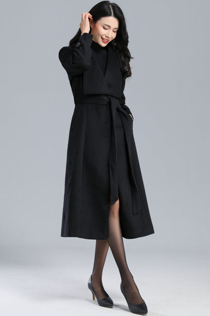 Black Long Wool Wrap Coat Women C2464