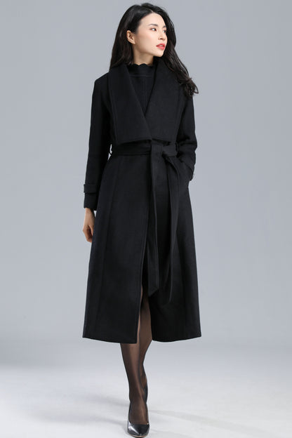 Black Long Wool Wrap Coat Women C2464