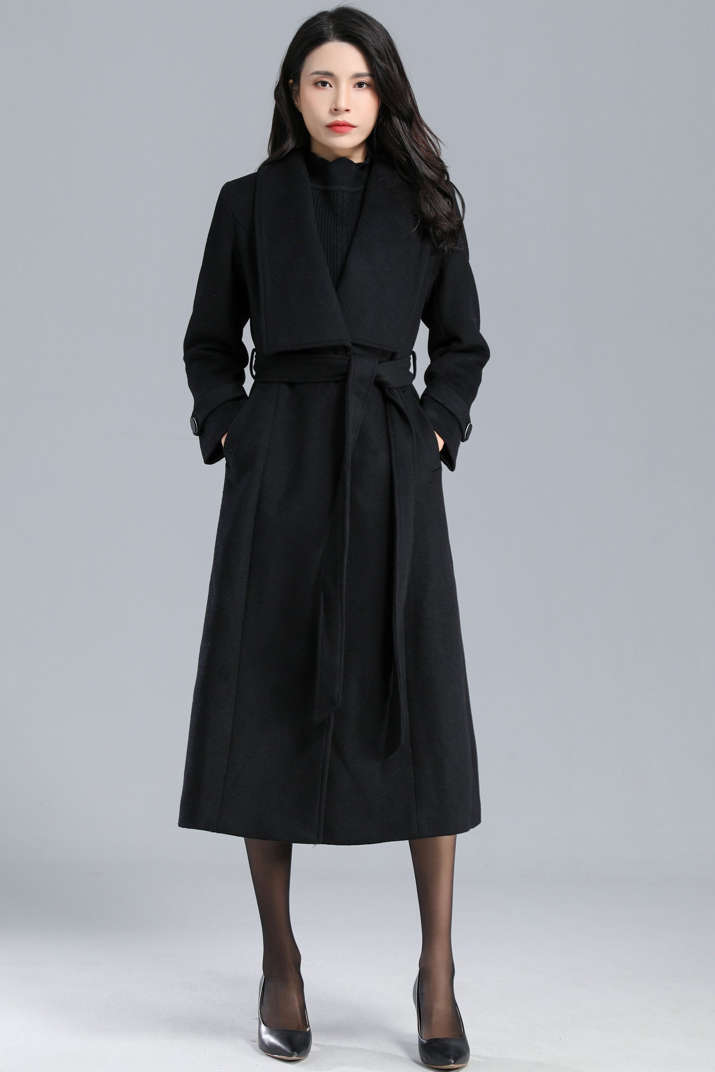 Black Long Wool Wrap Coat Women C2464