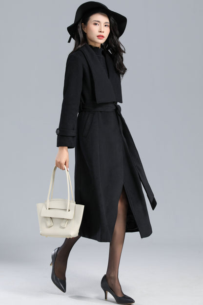 Black Long Wool Wrap Coat Women C2464