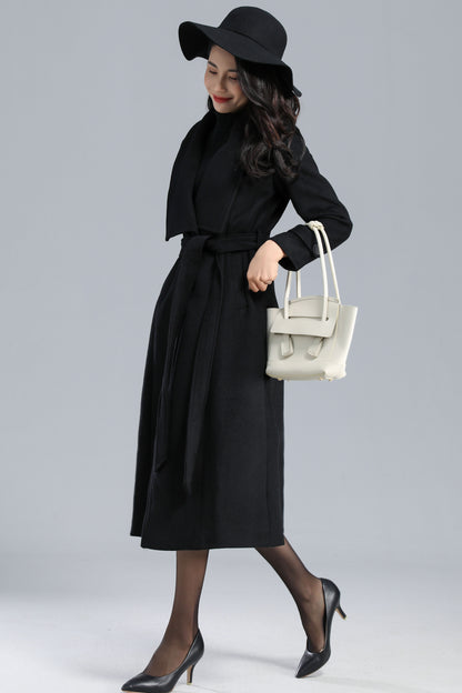 Black Long Wool Wrap Coat Women C2464