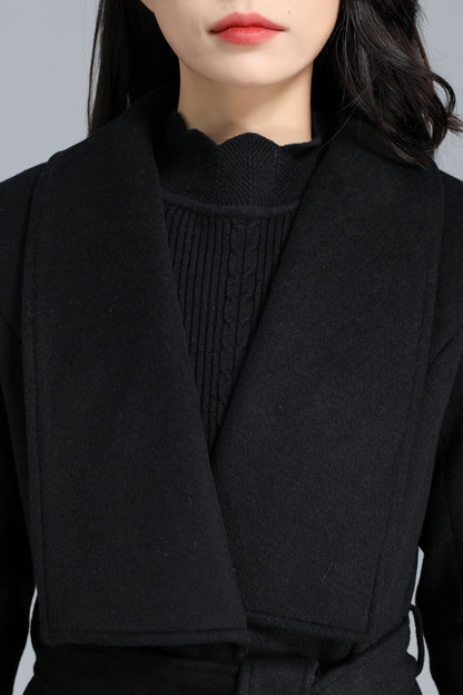 Black Long Wool Wrap Coat Women C2464