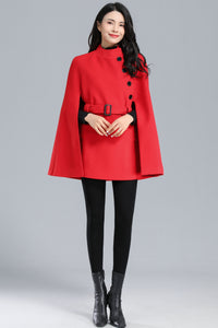 Warm Winter Red Wool Cape Coat Women C2470
