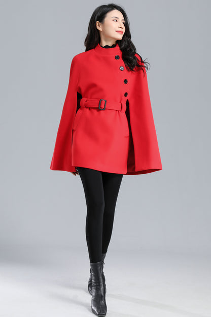 Warm Winter Red Wool Cape Coat Women C2470
