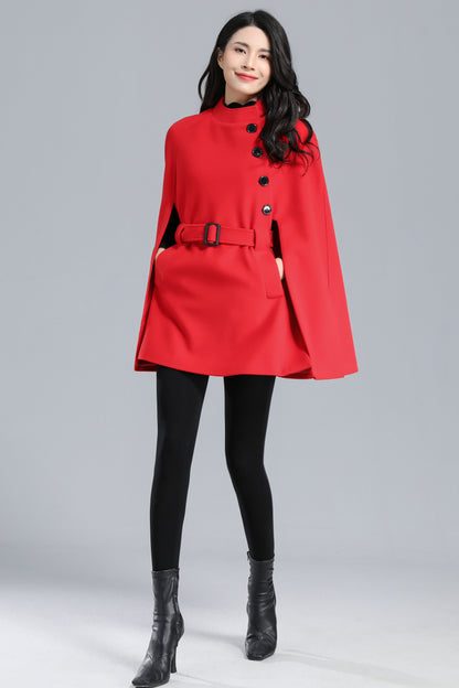 Warm Winter Red Wool Cape Coat Women C2470