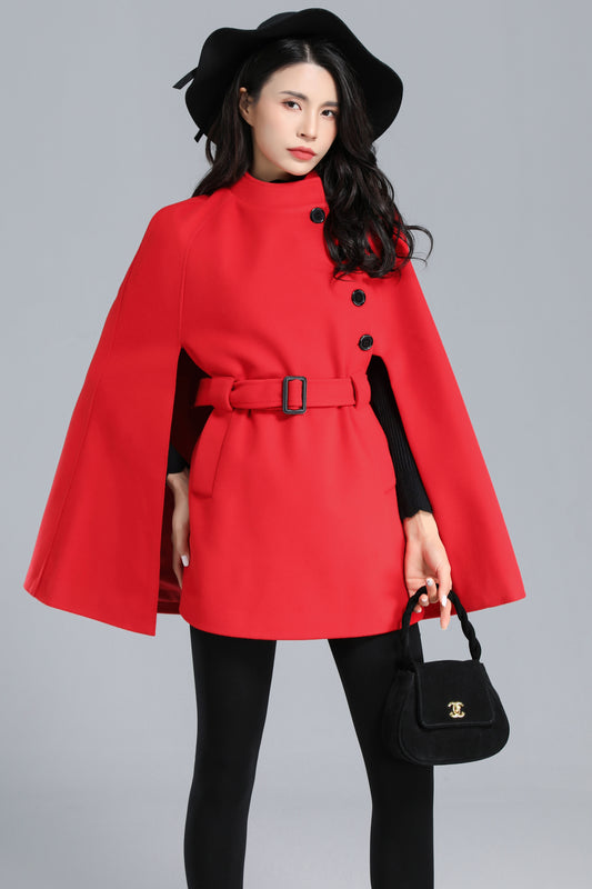 Warm Winter Red Wool Cape Coat Women C2470