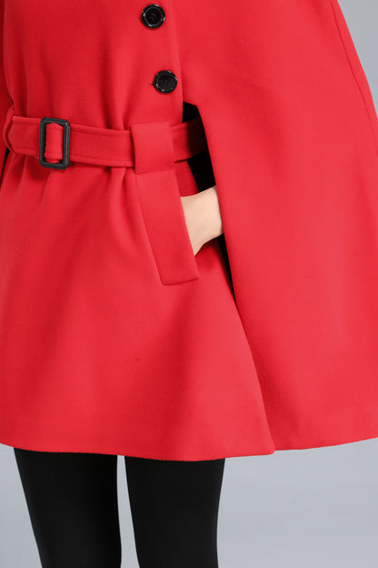 Warm Winter Red Wool Cape Coat Women C2470