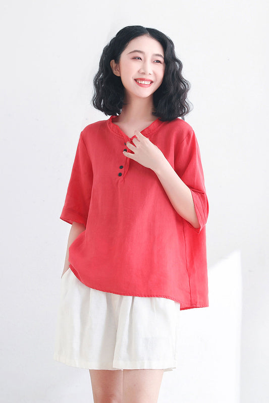 Summer Women Red Casual Linen Tops C2708#CK2200470