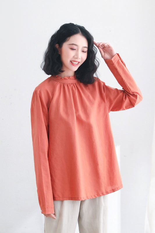 Women's Loose Fit Linen Blosues in Orange C2711