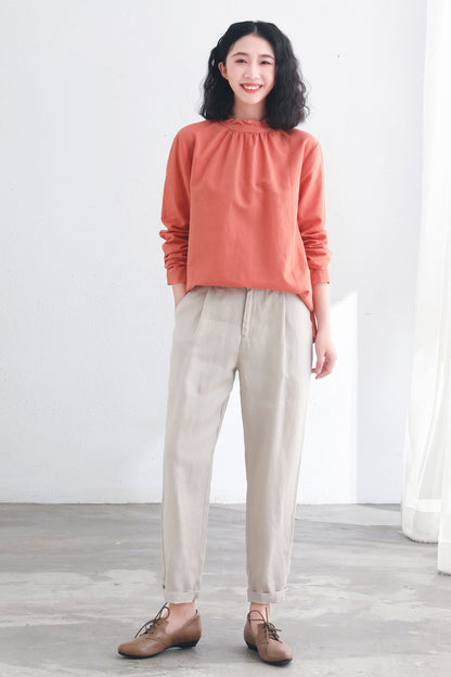 Women's Loose Fit Linen Blosues in Orange C2711