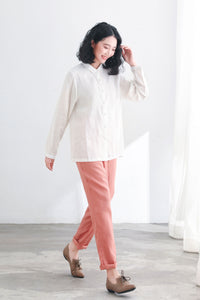 White Button Up Linen Shirts Women C2713