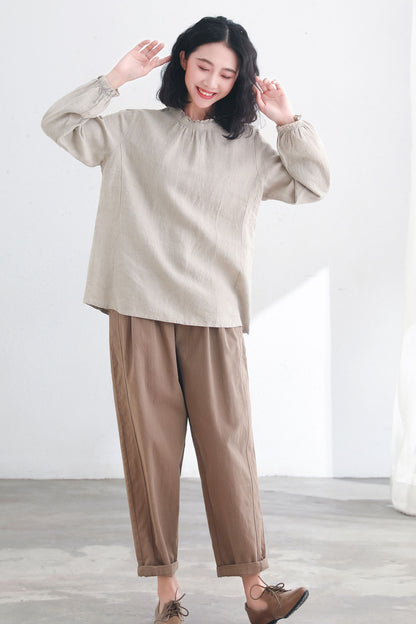 Back Buttons Long Sleeve Ruffle Linen Tops C2717