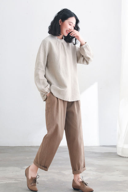 Back Buttons Long Sleeve Ruffle Linen Tops C2717